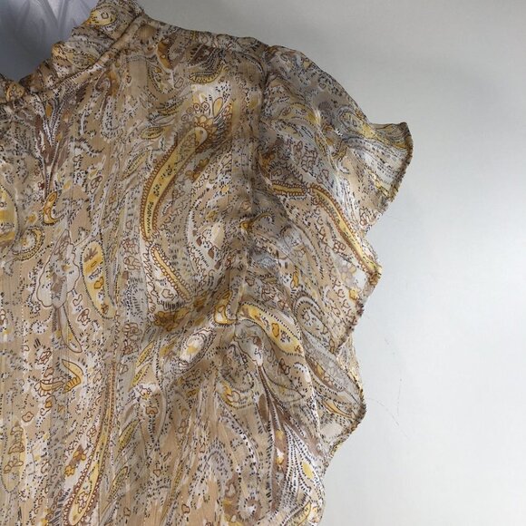 JOIE GLITTER PAISLEY RUFFLE MOCK NECK FLUTTER SHORT SLEEVE BLOUSE Size M - Picture 5 of 9